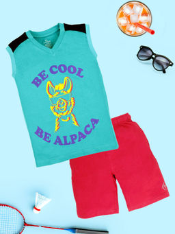 KiddoPanti - Boys Cotton Be Cool Printed Sleeveless T-Shirt with Shorts (Set of 2)