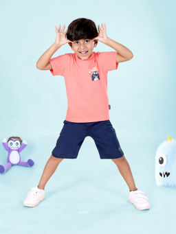 KiddoPanti - Boys Cotton Half Sleeve Sticker Print Basic Tee with Shorts (Set of 2)