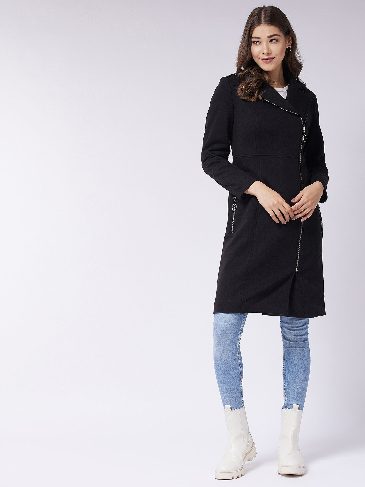 miss chase Women's Black Notch Collar Multi Double Breasted Knee Length Jacket-picture-13