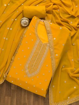 Koskii - Mustard Sequin Georgette Unstitched Salwar Suit (Set of Three)
