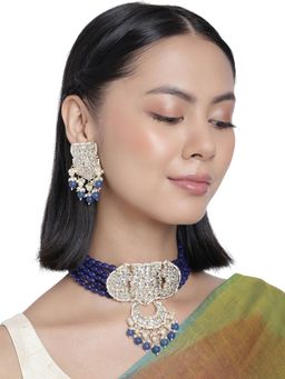 Accessher - Gold Toned Kundan & Blue Beaded Stone Enamel Jewellery Set for Women