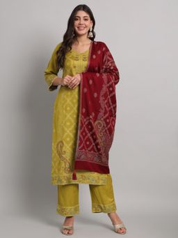 Safaa - Womens Green Acro Wool Woven Unstitched Top and Bottom with Dupatta
