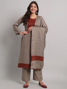 Safaa - Womens Grey Stripes- Woven Unstitched Top and Bottom with Dupatta