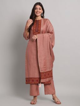 Safaa - Womens Red Stripes Woven Unstitched Top and Bottom with Dupatta