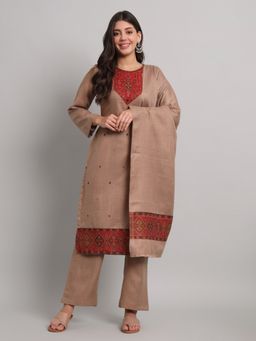 Safaa - Womens Beige and Red Woven- Printed Unstitched Top and Bottom with Dupatta