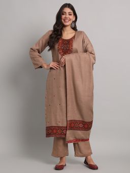 Safaa - Womens Brown Printed Acro Wool Woven Unstitched Top and Bottom with Dupatta