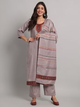 Safaa - Womens Grey Printed Acro Wool Woven Unstitched Top and Bottom with Dupatta