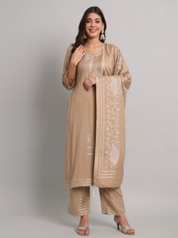 Safaa - Womens Beige Acro Wool Woven Unstitched Top and Bottom with Dupatta