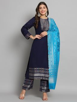 Safaa - Womens Navy Blue Woven- Gota Unstitched Top and Bottom with Dupatta