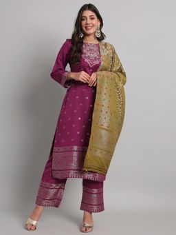 Safaa - Womens Purple Woven- Gota Unstitched Top and Bottom with Dupatta