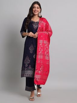 Safaa - Womens Navy Blue and Pink Woven Unstitched Top and Bottom with Dupatta