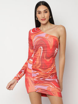 Missguided - Red Abstract Print Double Layer Slinky One Shoulder Ruched Mini Dress