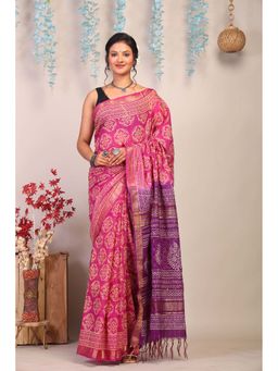 ANUTTARA - Bhagalpuri Pink Cotton Silk Hand Block Printed Saree with Unstitched Blouse