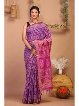 ANUTTARA - Bhagalpuri Purple Cotton Silk Hand Block Printed Saree with Unstitched Blouse