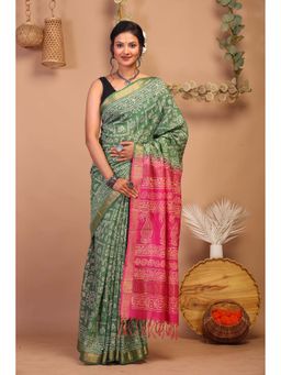 ANUTTARA - Bhagalpuri Green Cotton Silk Hand Block Printed Saree with Unstitched Blouse