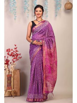 ANUTTARA - Bhagalpuri Purple Cotton Silk Hand Block Printed Saree with Unstitched Blouse