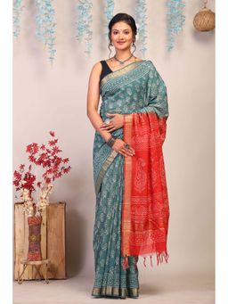 ANUTTARA - Bhagalpuri Teal Cotton Silk Hand Block Floral Saree with Unstitched Blouse