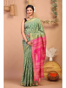 ANUTTARA - Bhagalpuri Green Cotton Silk Tassels Floral Saree with Unstitched Blouse