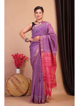 ANUTTARA - Bhagalpuri Purple Cotton Silk Hand Block Printed Saree with Unstitched Blouse