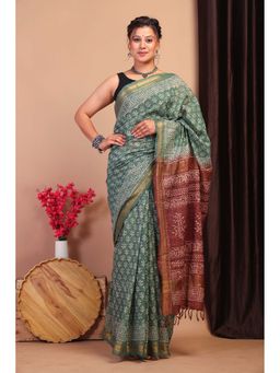 ANUTTARA - Bhagalpuri Green Cotton Silk Hand Block Printed Saree with Unstitched Blouse