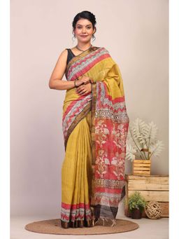 ANUTTARA - Bhagalpuri Olive Cotton Silk Hand Block Printed Saree with Unstitched Blouse