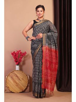 ANUTTARA - Bhagalpuri Black Cotton Silk Hand Block Printed Saree with Unstitched Blouse