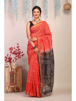 ANUTTARA - Bhagalpuri Orange Cotton Silk Hand Block Printed Saree with Unstitched Blouse