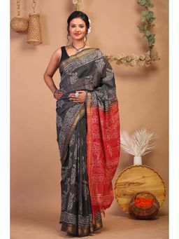 ANUTTARA - Bhagalpuri Black Cotton Silk Hand Block Printed Saree with Unstitched Blouse