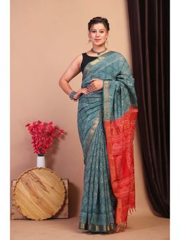 ANUTTARA - Bhagalpuri Teal Cotton Silk Hand Block Printed Saree with Unstitched Blouse