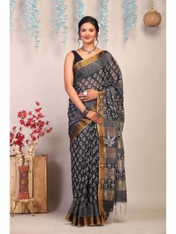 ANUTTARA - Bhagalpuri Black Cotton Silk Hand Block Floral Saree with Unstitched Blouse