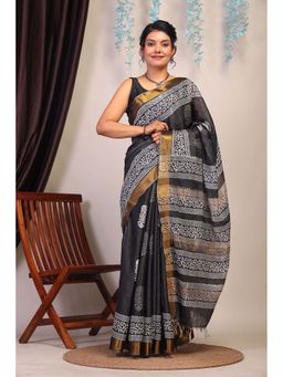 ANUTTARA - Bhagalpuri Black Cotton Silk Hand Block Printed Saree with Unstitched Blouse