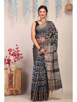 ANUTTARA - Bhagalpuri Black Cotton Silk Hand Block Floral Saree with Unstitched Blouse
