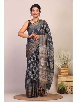 ANUTTARA - Bhagalpuri Black Cotton Silk Hand Block Printed Saree with Unstitched Blouse