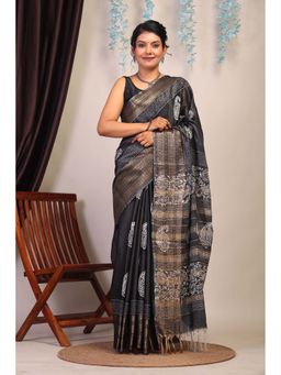 ANUTTARA - Bhagalpuri Black Cotton Silk Hand Block Printed Saree with Unstitched Blouse