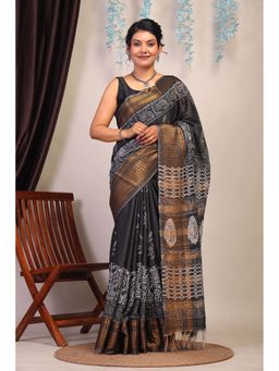 ANUTTARA - Bhagalpuri Black Cotton Silk Hand Block Printed Saree with Unstitched Blouse