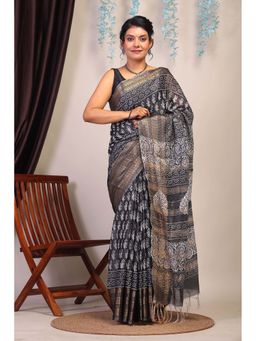 ANUTTARA - Bhagalpuri Black Cotton Silk Hand Block Printed Saree with Unstitched Blouse