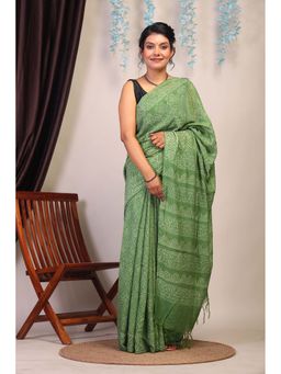 ANUTTARA - Bhagalpuri Green Cotton Silk Hand Block Floral Saree with Unstitched Blouse