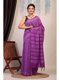 ANUTTARA - Bhagalpuri Purple Cotton Silk Hand Block Printed Saree with Unstitched Blouse