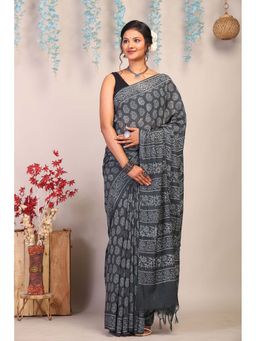 ANUTTARA - Bhagalpuri Grey Cotton Silk Hand Block Printed Saree with Unstitched Blouse