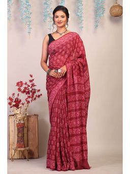 ANUTTARA - Bhagalpuri Maroon Cotton Silk Hand Block Floral Saree with Unstitched Blouse