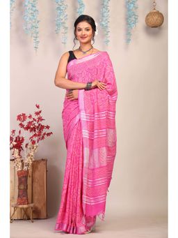 ANUTTARA - Bhagalpuri Pink Cotton Linen Hand Block Printed Saree with Unstitched Blouse