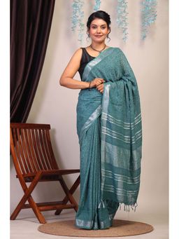 ANUTTARA - Bhagalpuri Green Cotton Linen Hand Block Printed Saree with Unstitched Blouse