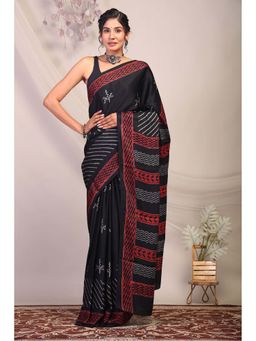 ANUTTARA - Bhagalpuri Black Silk Blend Hand Block Printed Saree with Unstitched Blouse