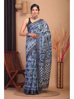 ANUTTARA - Bhagalpuri Indigo Cotton Silk Hand Block Floral Saree with Unstitched Blouse