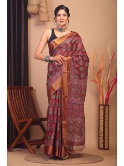 ANUTTARA - Bhagalpuri Maroon Cotton Silk Hand Block Floral Saree with Unstitched Blouse