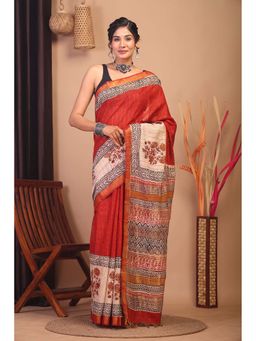 ANUTTARA - Bhagalpuri Red Cotton Silk Hand Block Floral Saree with Unstitched Blouse