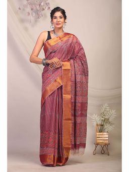 ANUTTARA - Bhagalpuri Maroon Cotton Silk Hand Block Printed Saree with Unstitched Blouse