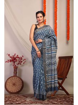 ANUTTARA - Bhagalpuri Blue Cotton Silk Hand Block Floral Saree with Unstitched Blouse