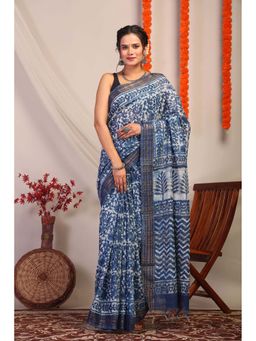 ANUTTARA - Bhagalpuri Indigo Cotton Silk Hand Block Floral Saree with Unstitched Blouse