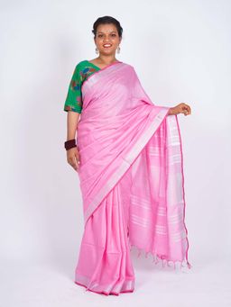 ANUTTARA - Bhagalpuri Pink Cotton Linen Tassels Woven Saree with Unstitched Blouse